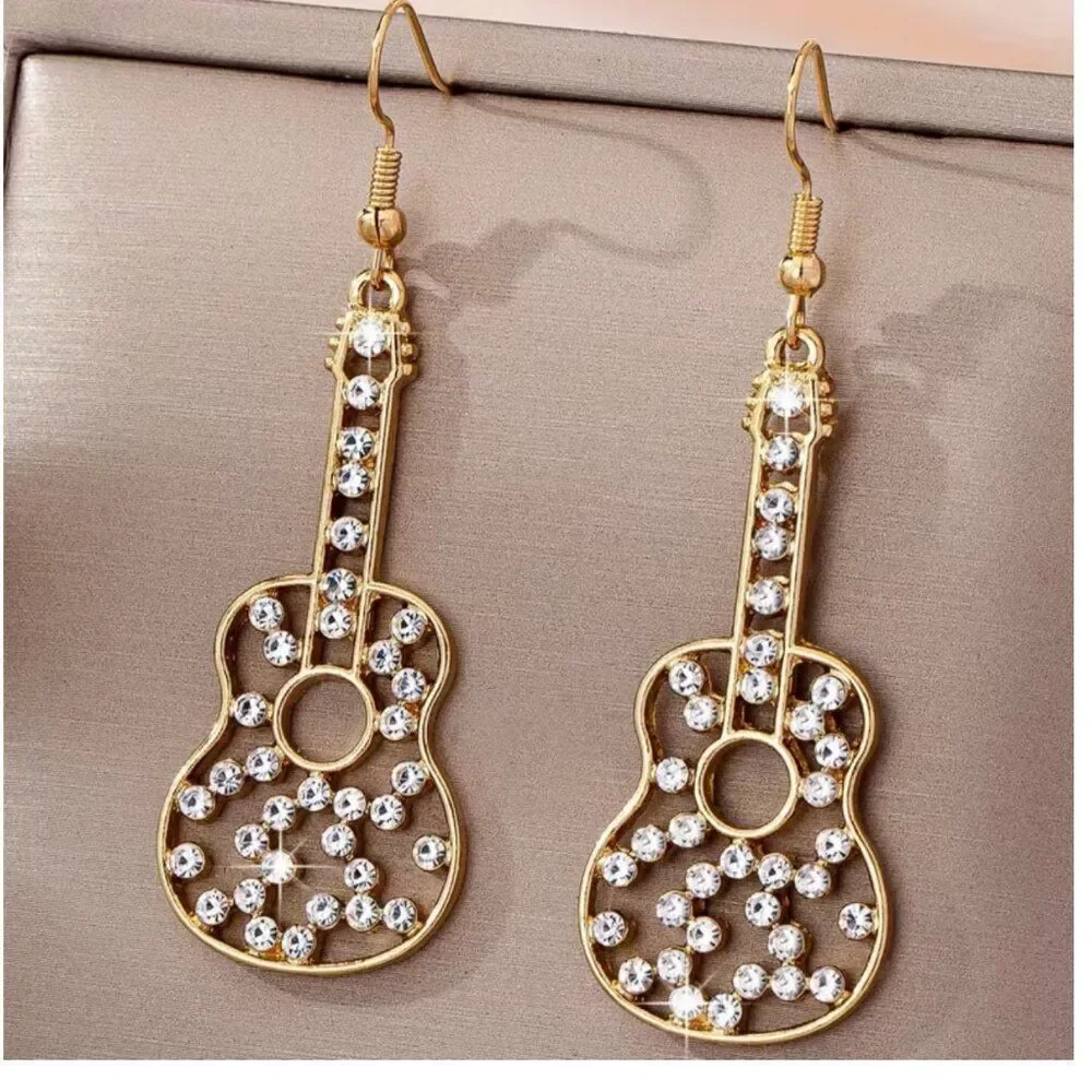 Music City Glam Guitar Earrings Golden Rhinestone Dangle Concert Festival Style